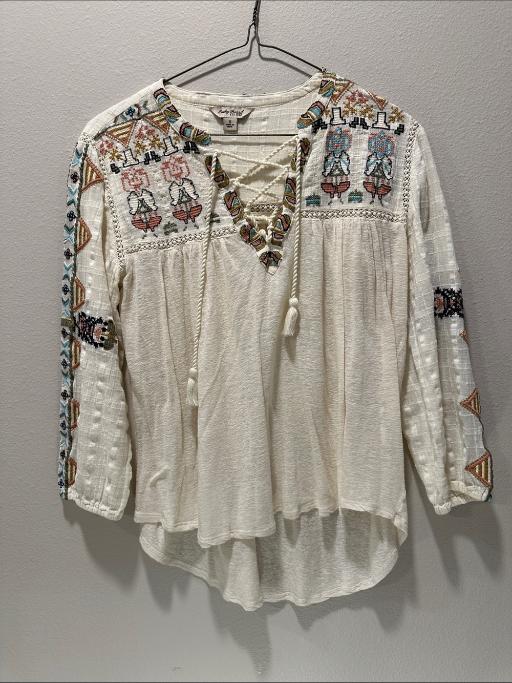 Lucky Brand Cream Embroidered Lace-Up Boho Tunic